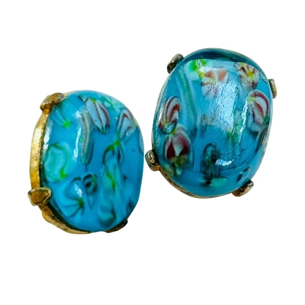 VTG Murano Candy Swirl Art Deco clip Earrings Blue Italy Glass Cabochon oval 50s